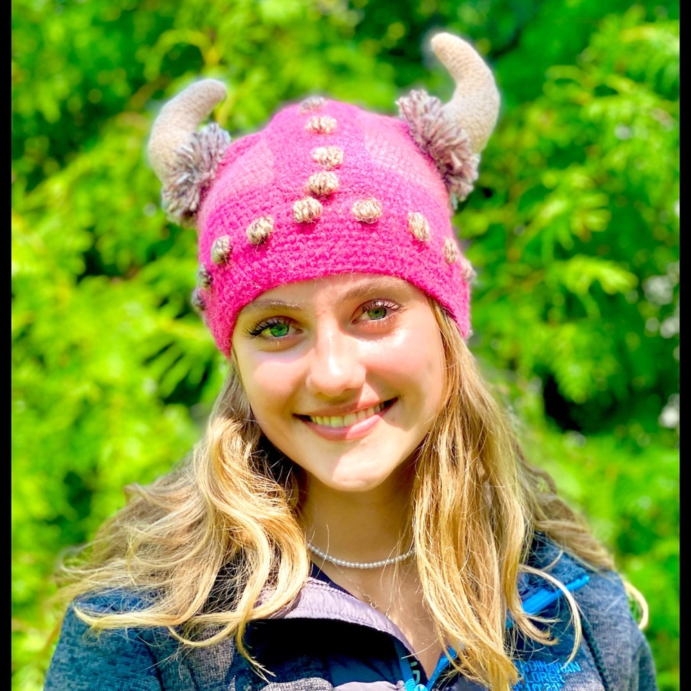 Peruvian Trading Company Handmade Pink Horned Viking Knit Hat